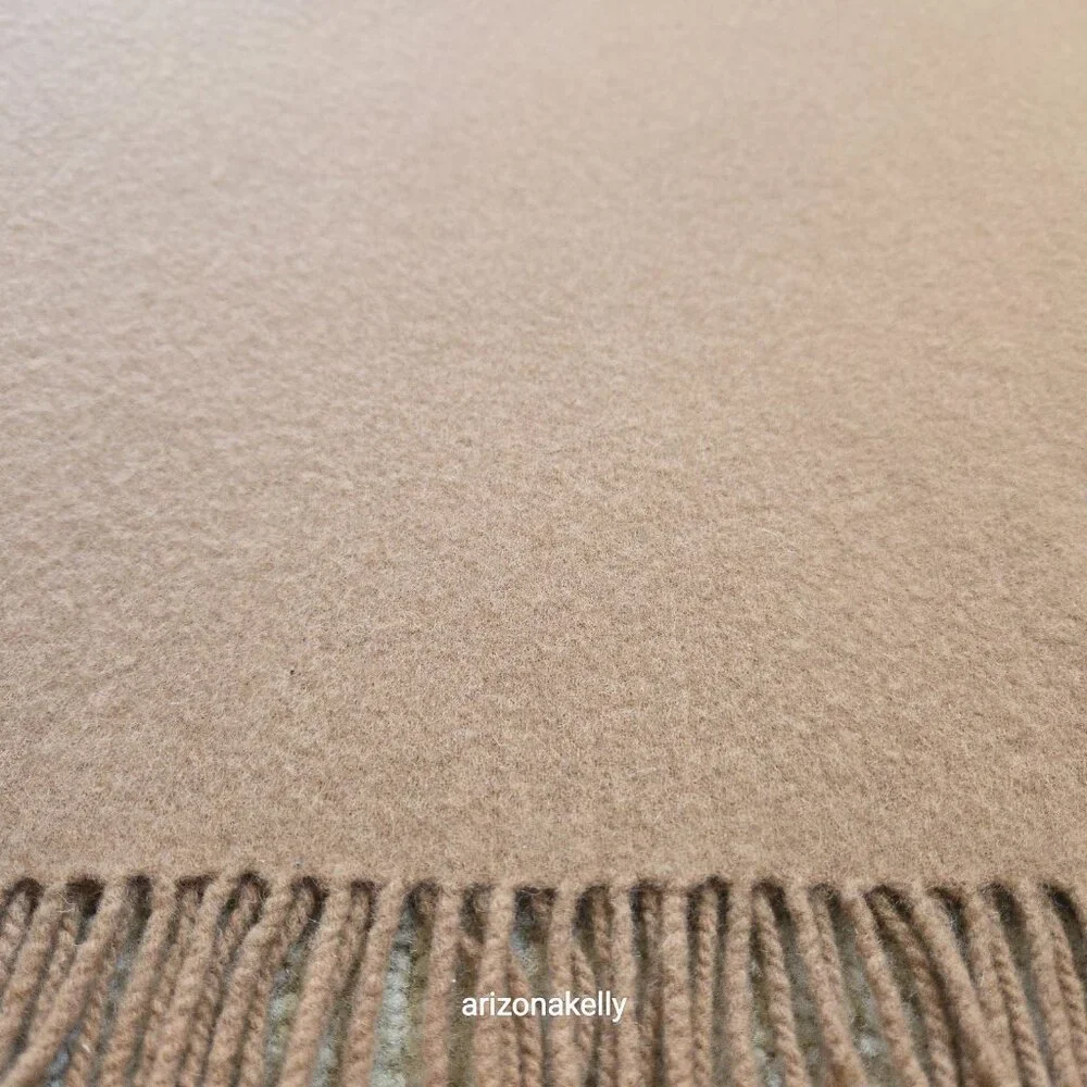 Classic Camel-colored Wool Scarf with Fringe Tan